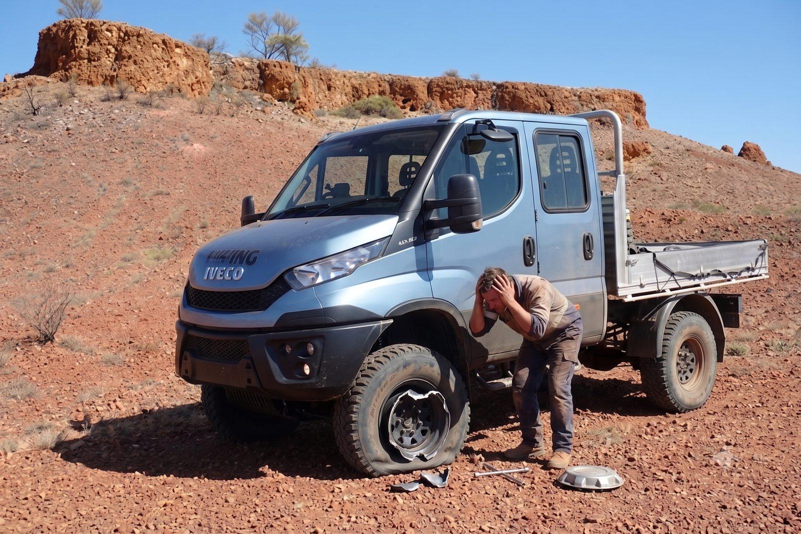 Iveco Daily 4x4 stranded in the outback with a cracked steel wheel